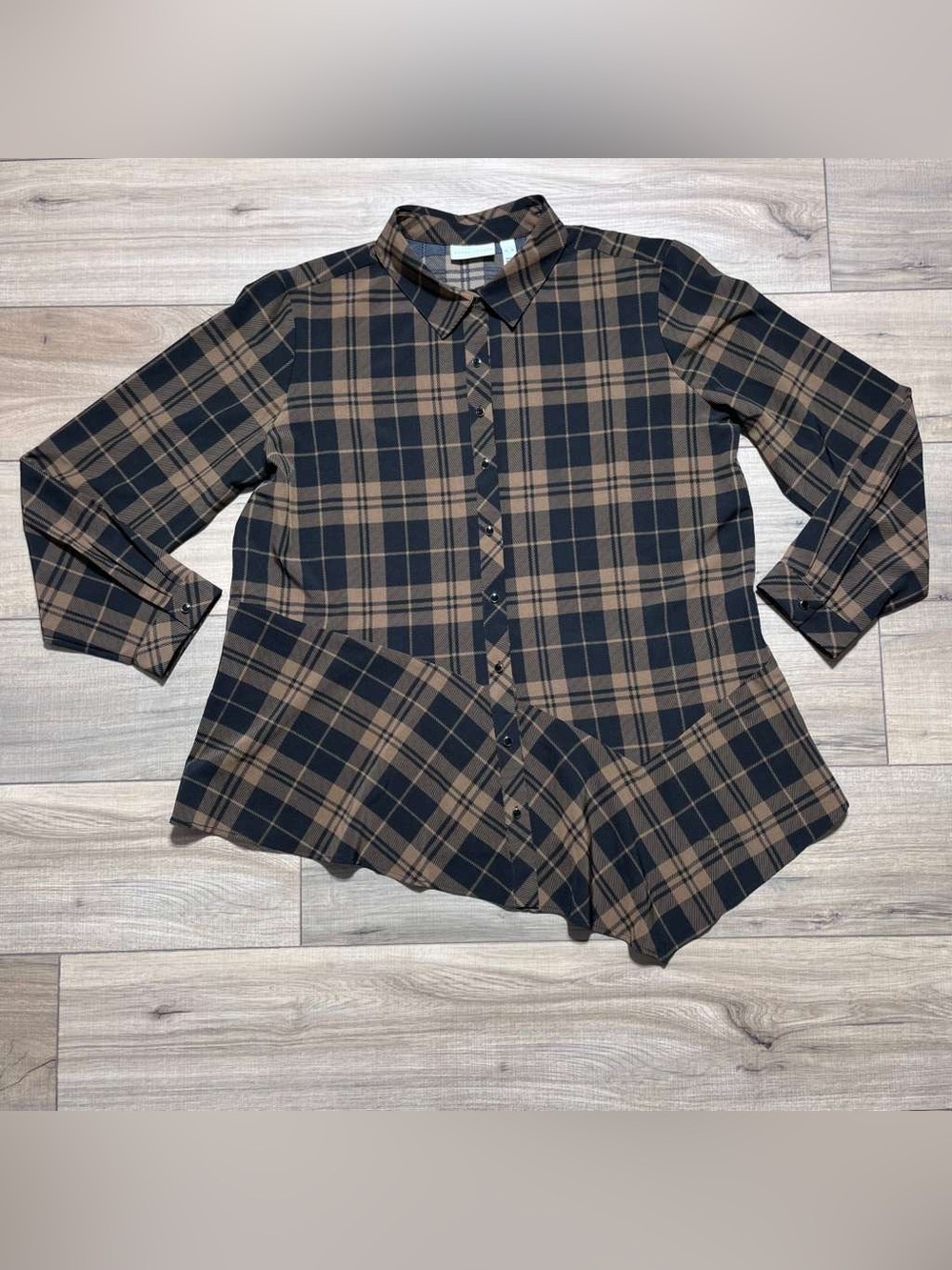 Susan Graver Womens Plaid Printed Woven Button Front Asym Peplum Hem‎ Top XL